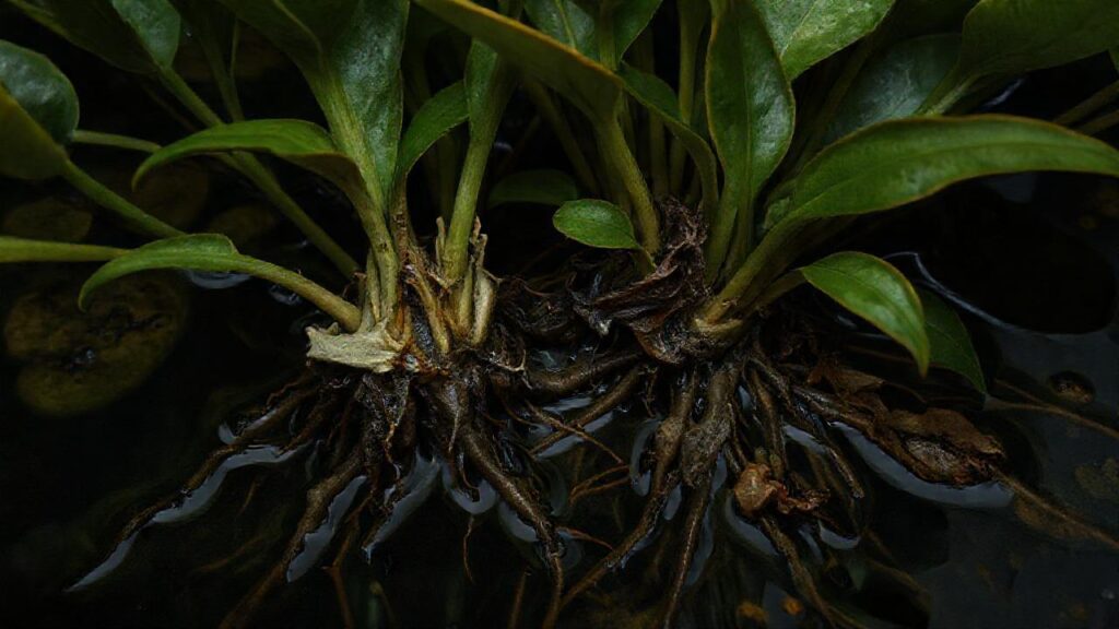 Raíces sumergidas dañan plantas acuáticas oscuras