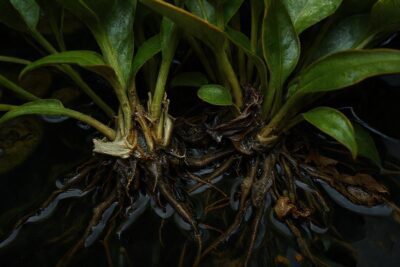 Raíces sumergidas dañan plantas acuáticas oscuras