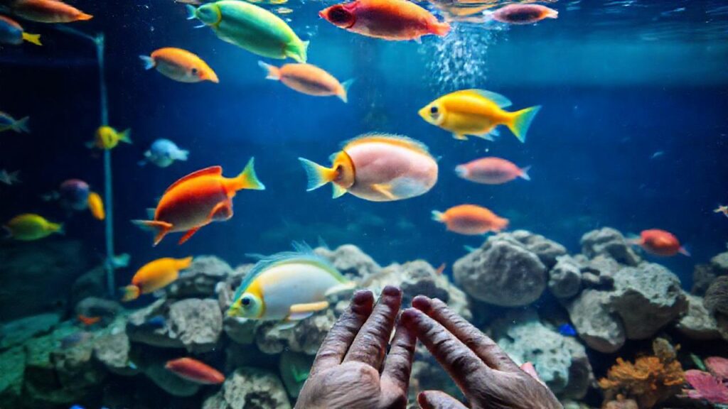 Un acuario muestra peces vibrantes y cuidadosos