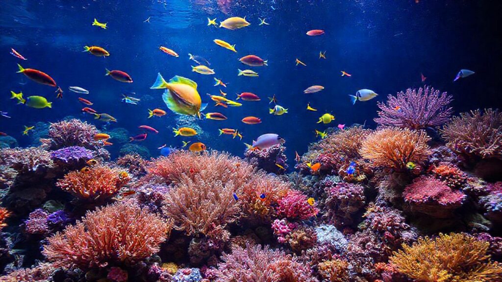 Un acuario muestra corales vibrantes y peces