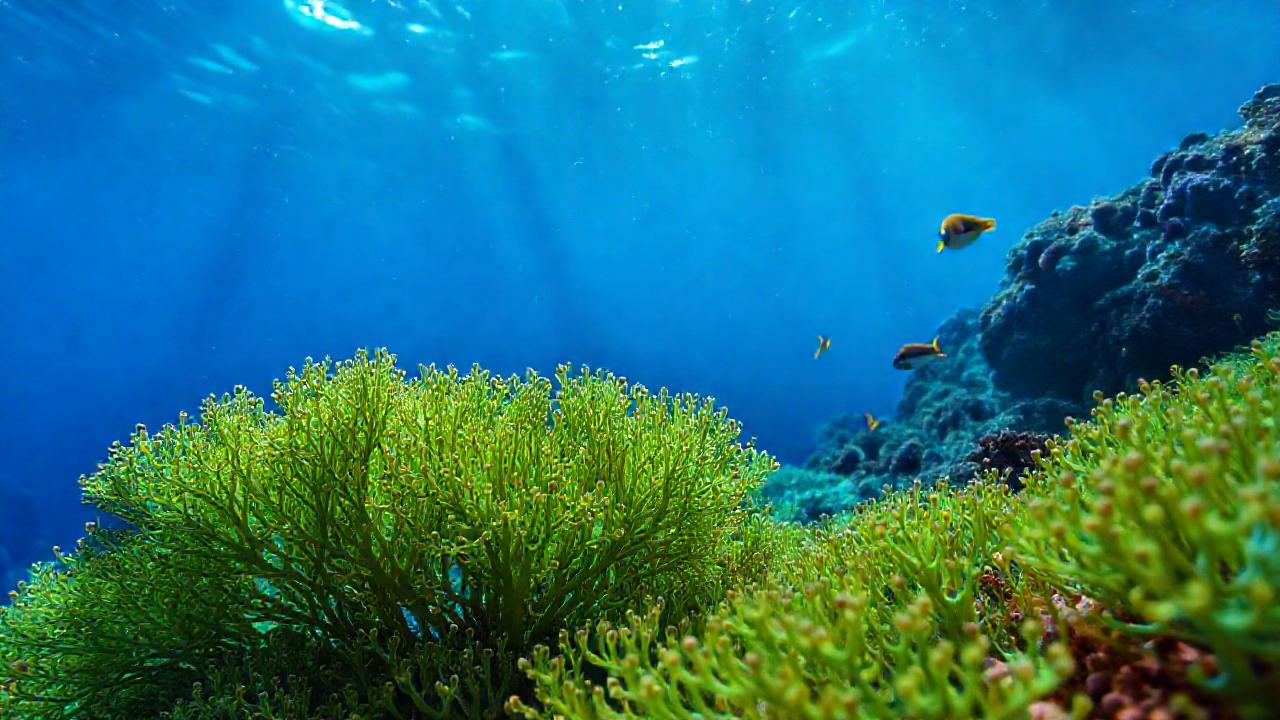 Algas Halimeda vibrantes iluminan un arrecife azul