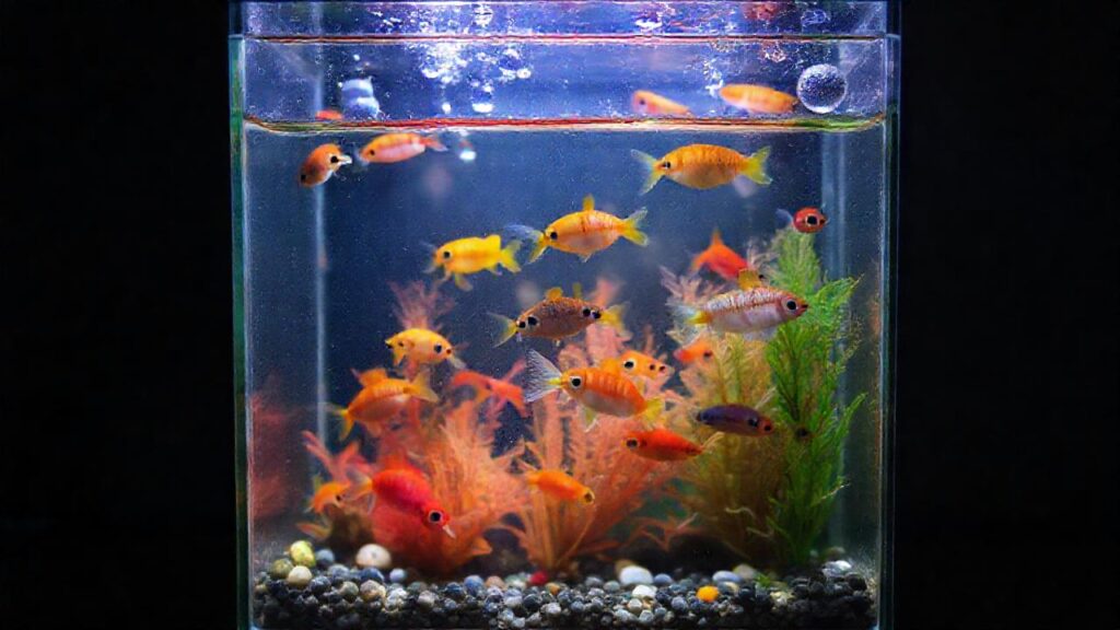 Un acuario pequeño muestra peces jóvenes