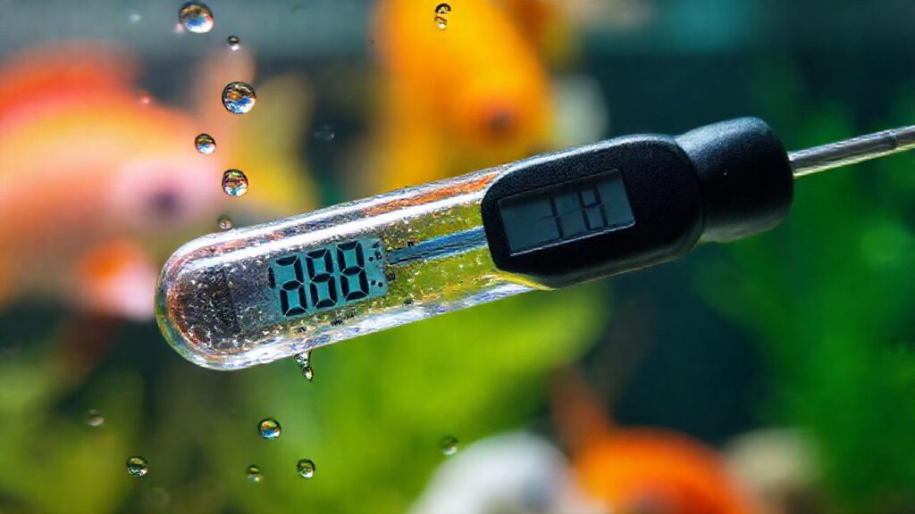 Termómetro acuático muestra peces coloridos