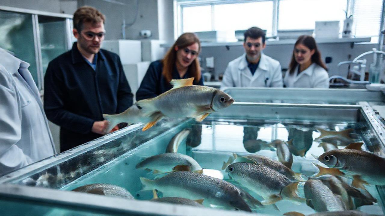 Científicos observan peces en laboratorio