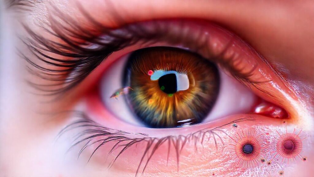 Ojo infectado: protozoos microscópicos y detalle médico
