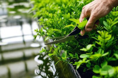Jardinero experto poda vegetación acuática