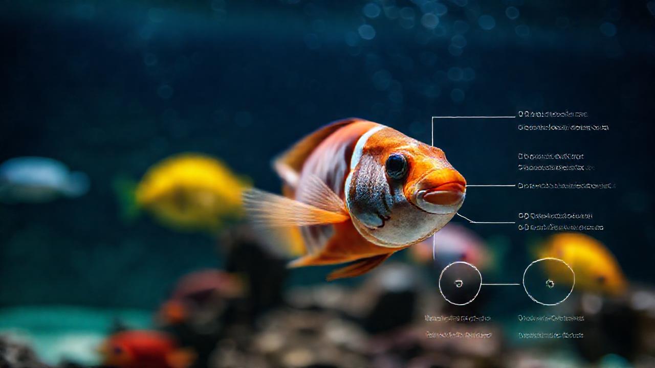 Fotografía profesional de peces coloridos, bajo luz tenue