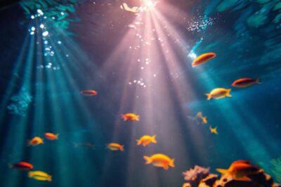 El acuario brilla con luz vibrante
