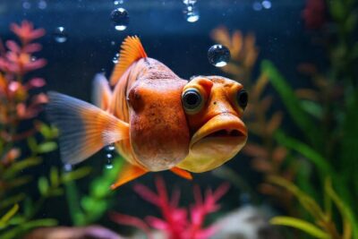 El pez está ansioso en su acuario
